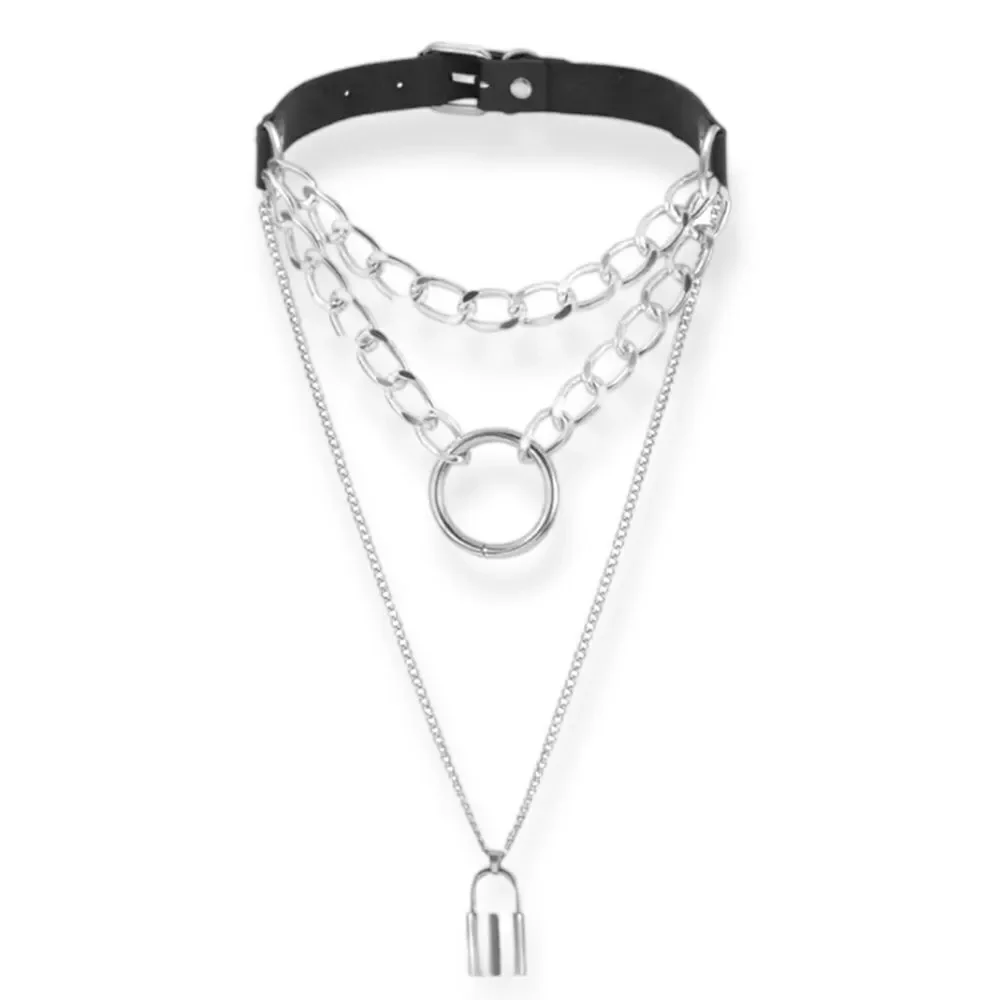 Black Silver Pinch Chain O-Ring Silver Layering Charm Lock Choker NEW